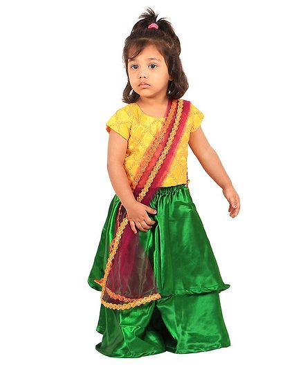 PASSION PETALS Short Sleeves Embroidered Checked Pattern Choli With Lehenga & Dupatta Set - Yellow Green