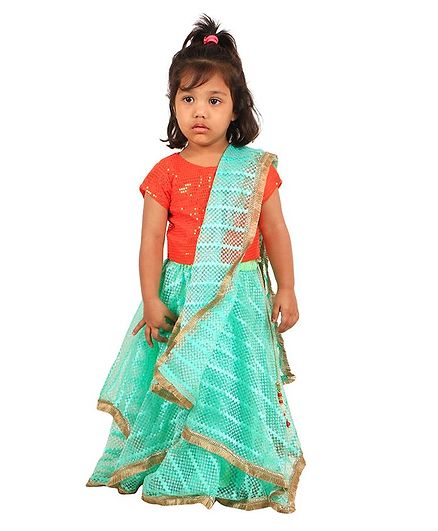 PASSION PETALS Sequinned Short Sleeves Choli With Lehenga & Dupatta Set - Orange Blue