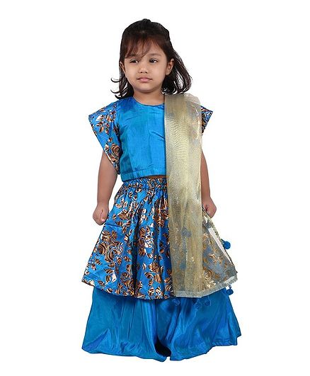 PASSION PETALS Short Sleeves Choli With Floral Print Lehenga & Dupatta Set - Blue