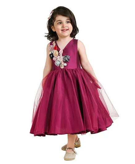 Jelly Jones Sleeveless Flower Applique Fit & Flared Netted Dress - Wine
