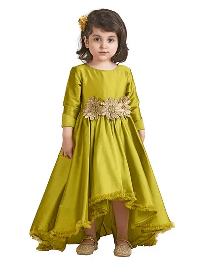 Jelly Jones Full Sleeves Flowers Applique High Low Flared Dress - Neon Green