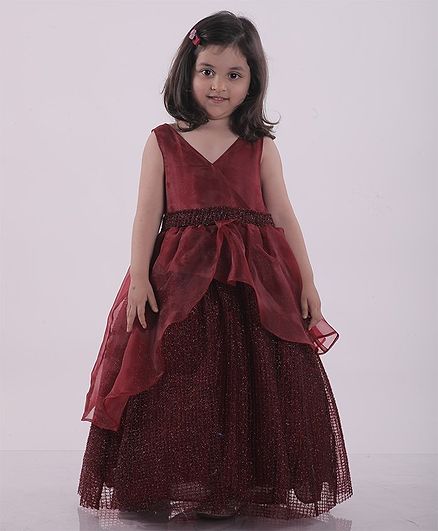 Jelly Jones Sleeveless Solid Fit & Flared Netted Gown - Maroon