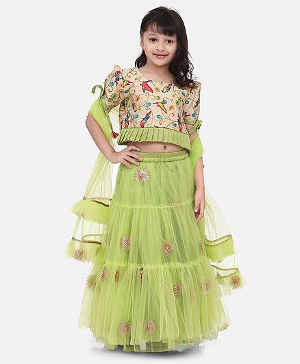Whitehenz Clothing Half Sleeves Parrot Print Choli With Flower Work Lehenga & Dupatta Set - Green