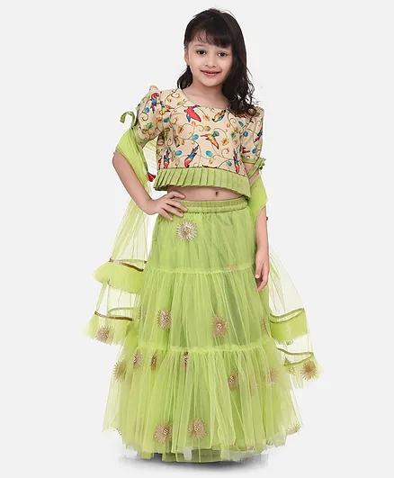 Whitehenz Clothing Half Sleeves Parrot Print Choli With Flower Work Lehenga & Dupatta Set - Green