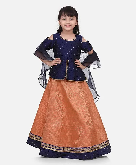 Whitehenz Clothing Half Sleeves Polka Dot Pattern Choli With Lehenga & Dupatta - Blue Peach