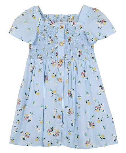 Budding Bees Half Sleeves Flowers Printed Smocking Dress - Blue