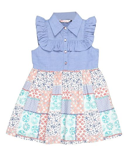 Budding Bees Sleeveless Floral Printed Shirt Dress - Blue