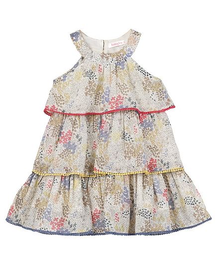 Budding Bees Sleeveless Floral Printed Pom Pom Detailed Layered Dress - Multicolor