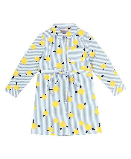 Budding Bees Full Sleeves Floral Maxi Shirt Dress - Blue