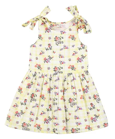 Budding Bees Sleeveless Floral Printed Flared Dress - Yellow