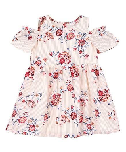 Budding Bees Cold Shoulder Half Sleeves Floral Printed Dress - Pink