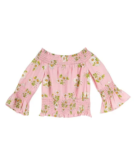 Budding Bees Off Shoulder Full Sleeves Smocking Top - Pink