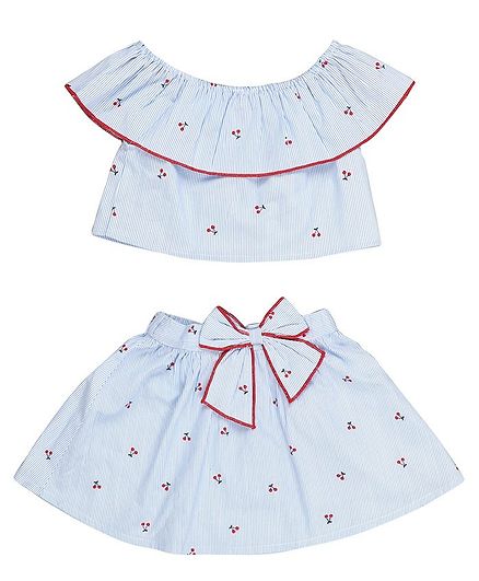 Budding Bees Sleeveless Cherry Printed Printed & Striped Top With Skirt Set - Skirt Set - Blue