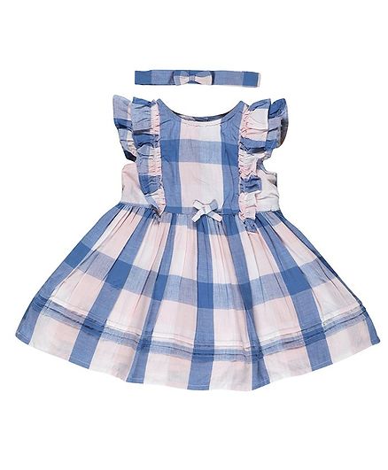 Budding Bees Cap Sleeveless Checkered Dress With Headband - Blue