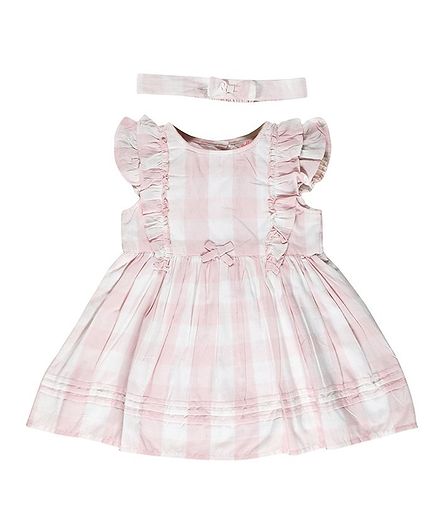 Budding Bees Cap Sleeveless Checkered Dress With Headband - Pink