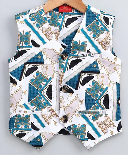JBN Creation Sleeveless Printed Cream - Green & Blue