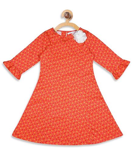 Elle Kids All Over Printed Stars Printed Three Fourth Sleeves Dress - Orange