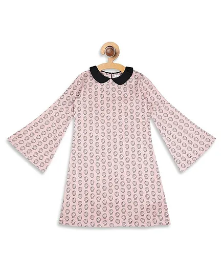 Elle Kids All Over Abstract Printed Full Bell Sleeves Dress - Pink