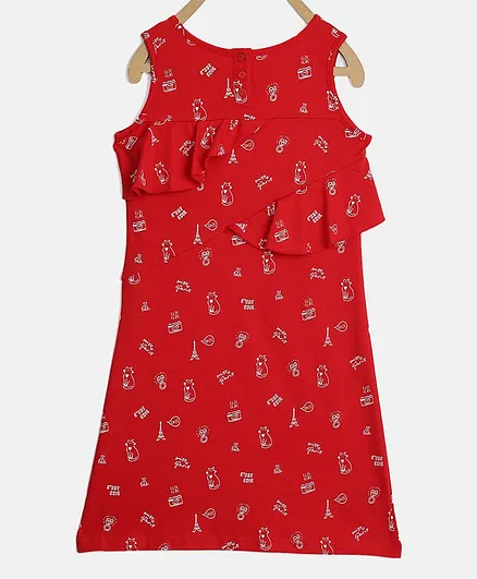 Elle Kids Sleeveless All Over Camera & Cat Printed Dress - Red