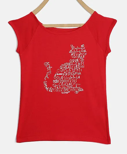 Elle Kids Cap Sleeves Cat Print Top - Red