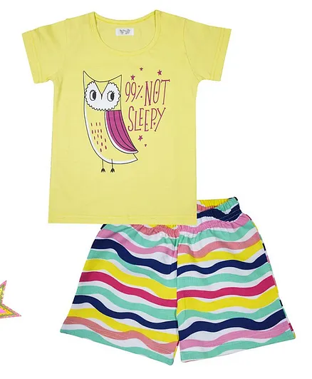 Sheer Love Owl Printed Short Sleeves Night Suit - Yellow