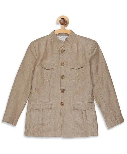 Blue Giraffe Full Sleeves Front Pocket Blazer - Beige