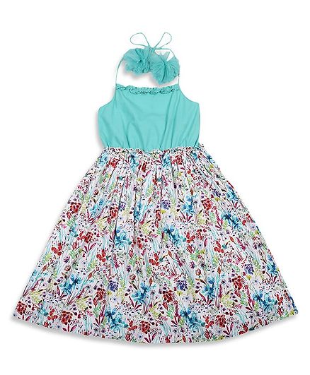 Blue Giraffe Sleeveless Floral Printed Flared Dress - Multicolor