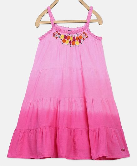 Blue Giraffe Sleeveless Flowers Embroidered Dress - Pink