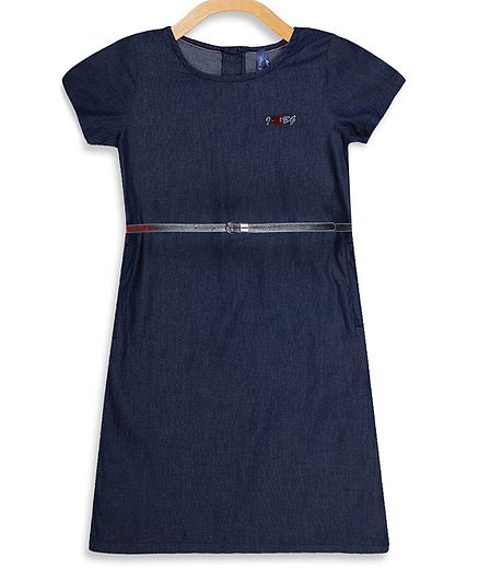 Blue Giraffe Cap Sleeves Solid A Line Dress With Belt - Indigo