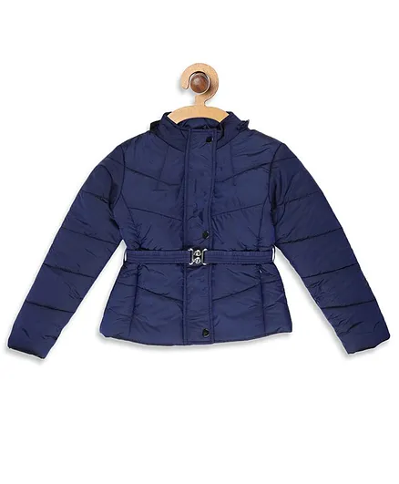 Blue Giraffe Full Sleeves Solid Jacket With Belt - Metallic Navy
