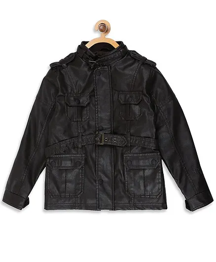 Blue Giraffe Full Sleeves Front Pocket Jacket With Belt - Coffee