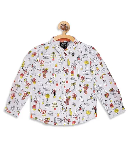 Blue Giraffe Full Sleeves Plants Printed Shirt - White