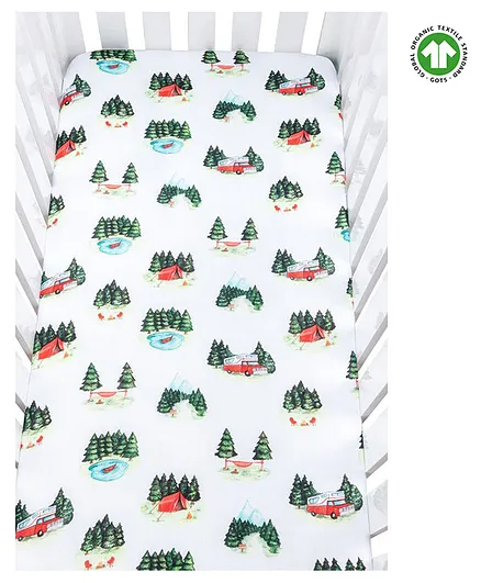 Theoni 100% Organic Cotton Muslin Little Camper Fitted Crib Sheet - White Green