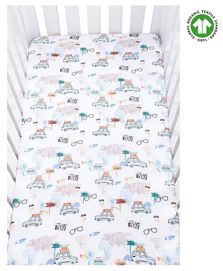 Theoni 100% Organic Cotton Muslin Wanderlust Wonders Fitted Crib Sheet - White