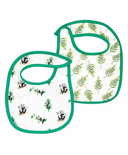 Theoni Organic Cotton Muslin 3 Layered Bibs Panda Print Pack of 2 - Green