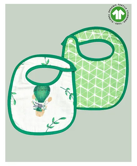Theoni Organic Cotton Muslin 3 Layered Bibs Bunny Print Pack of 2 - Green