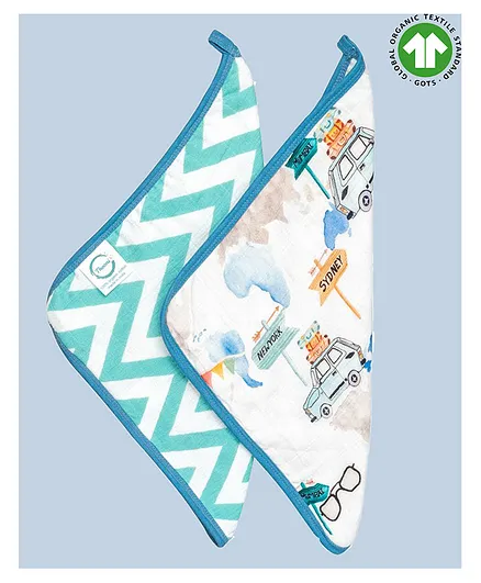 Theoni 100% Organic Cotton Muslin Wash Cloths Chevron Print Pack of 2 - Blue