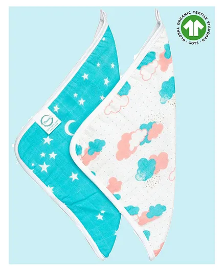 Theoni 100% Organic Cotton Muslin Wash Cloths Star Print - Blue