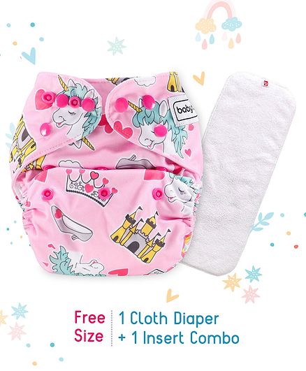 Babyhug Free Size Reusable Cloth Diaper With Insert Unicorn Print - Pink