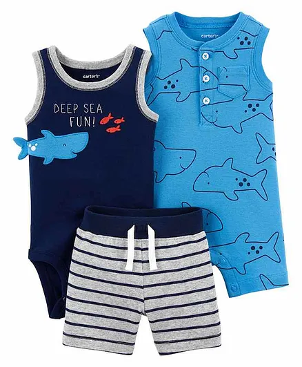Carter's 3-Piece Bodysuit & Romper Set - Blue Grey