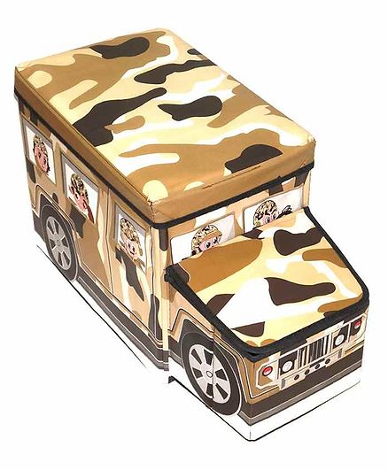 Muren Foldable Storage Box cum Stool Army Bus Design - Brown