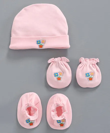 Ben Benny Cap Mittens & Booties Set Flower Pot Patch Pink - Diameter 10 cm