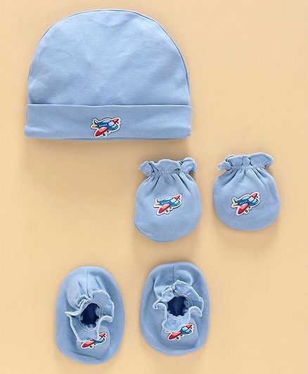 Ben Benny Cap, Mittens & Booties Set Airplane Patch - Blue