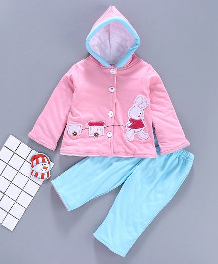 Tappintoes Full Sleeves Hooded Tee With Pajama Bear Patch - Blue Pink