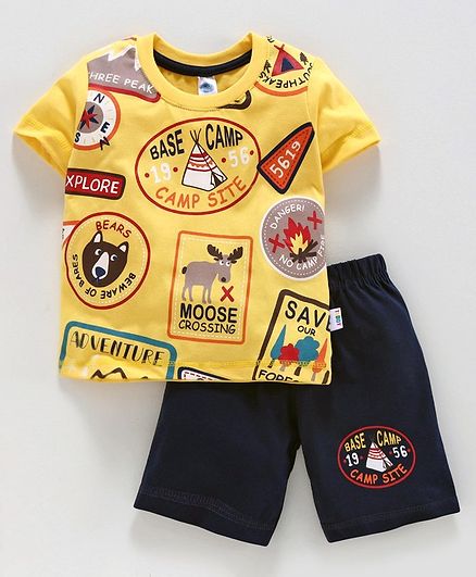 Teddy Half Sleeves T-Shirt and Shorts Set Text Print - Yellow