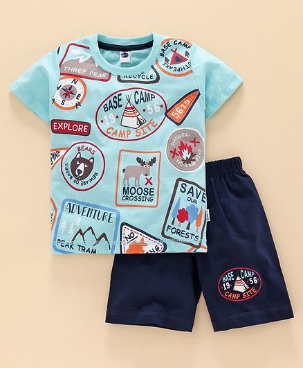 Teddy Half Sleeves T-Shirt and Shorts Set Text Print - Blue