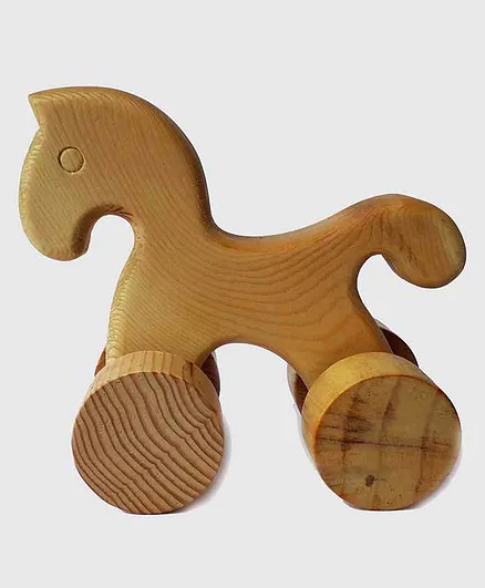 Carving Wood Push & Go Horse Toy - Brown