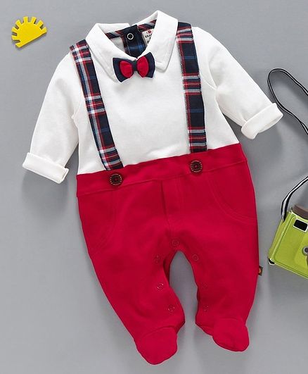 Brats and Dolls Full Sleeves Footed Party Wear Romper - White Red