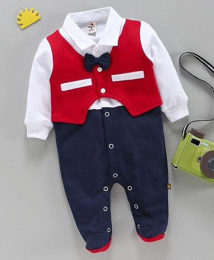Brats and Dolls Full Sleeves Footed Party Wear Romper - Red Blue