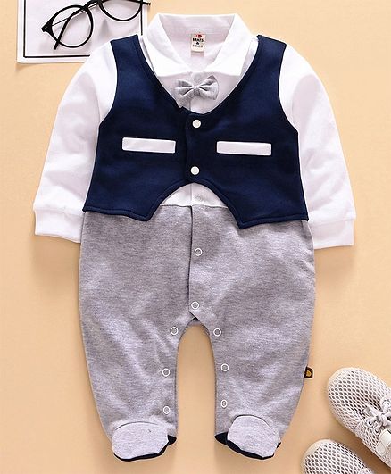 Brats and Dolls Full Sleeves Mock Jacket Footed Romper with Bow - Navy Blue